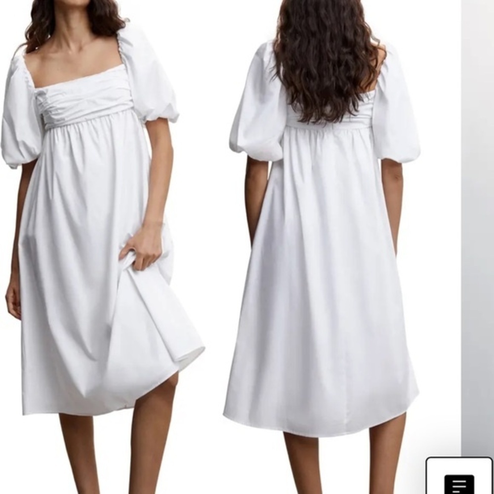Mango Puff Sleeve Cotton Poplin midi Dress white size 8/large cottage core